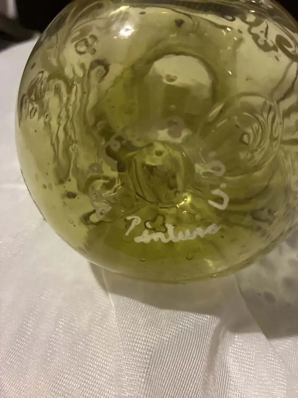 Vintage Hand-Blown Bohemian Olive Green Glass Ewer Pitcher with Gold and White E